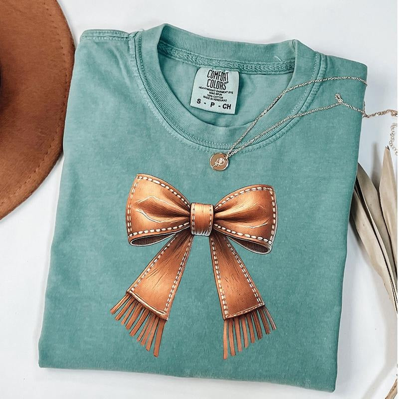 Comfort Colors Cowgirl Bow Shirt, Howdy Brown Leather Bow Tee, Coquette Cowgirl Aesthetic T-Shirt, Trendy Western Shirt...