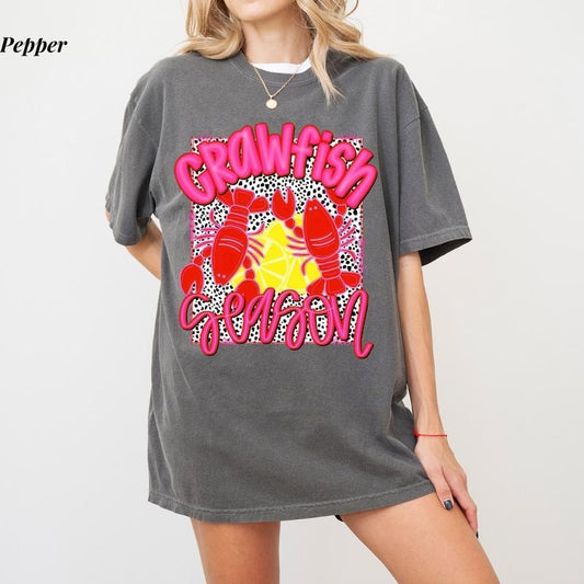 Comfort Colors Crawfish Season T-Shirt, Comfort Colors Pink & Red, Louisiana Seafood Tee, Womenswear Ultra Soft Cotton Tee, Casual Everyday Graphic T-Shirt