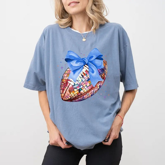Comfort Colors Custom Coquette Bow Football Shirt, Cheerleading Graphic Printed Tees, Cheerleader Tshirt for Women, Girly Football Tees for Girls, Custom Team Game Day Tshirt, Touchdown Season Shirt, Women's Tops, Casual Womenswear, Solf Fabric Chic Style