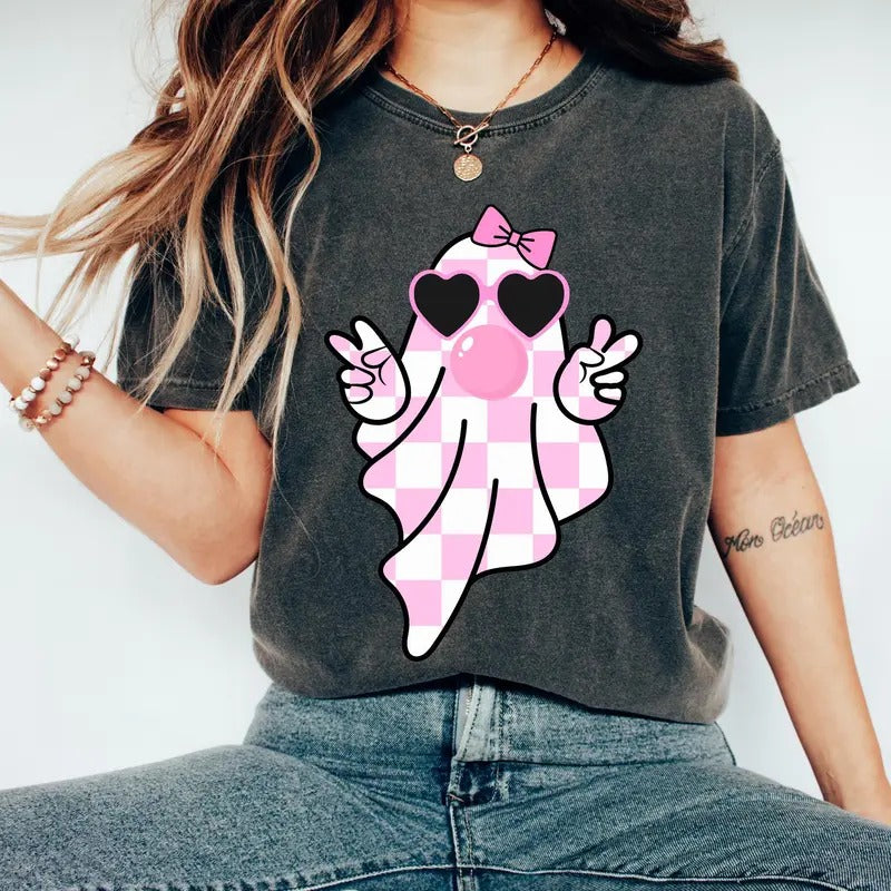 Comfort Colors Cute Girly Ghost Blowing Bubble Shirt, Cute Ghost Shirt, Retro Checkered Ghost bow Shirt, Cute Pink Ghost...