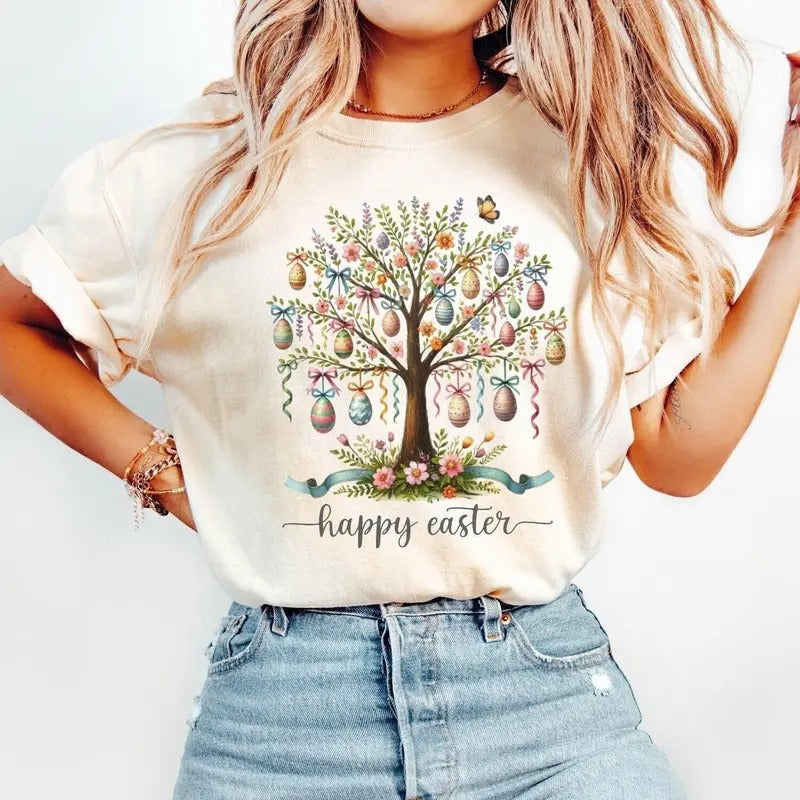 Comfort Colors Easter Tree T-Shirt, Happy Easter Shirt, Cute Easter Egg Shirt Cotton Fashion Hoodie, Sweatshirt