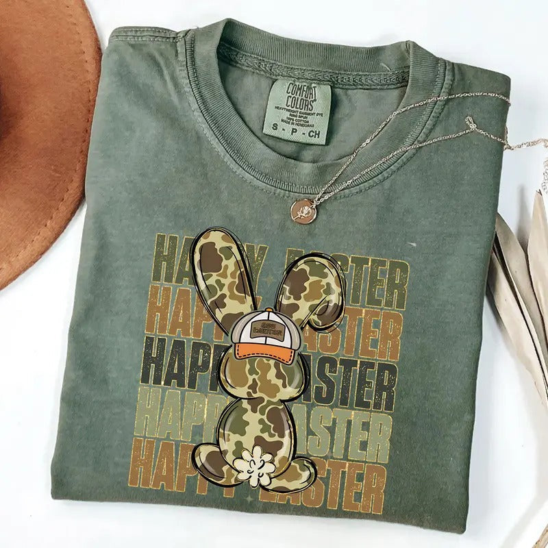 Comfort Colors Egg Hunter Bunny Shirt, Camo Bunny Shirt, Happy Easter T-Shirt Hoodie, Sweatshirt | PureTeeCo.com