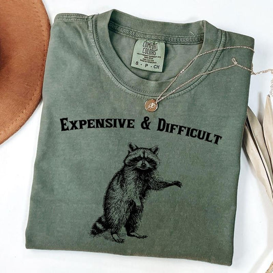 Comfort Colors Expensive & Difficult Raccoon T-Shirt | Vintage 2000s Look | Retro Funny Graphic Tee | Unisex T-Shirt