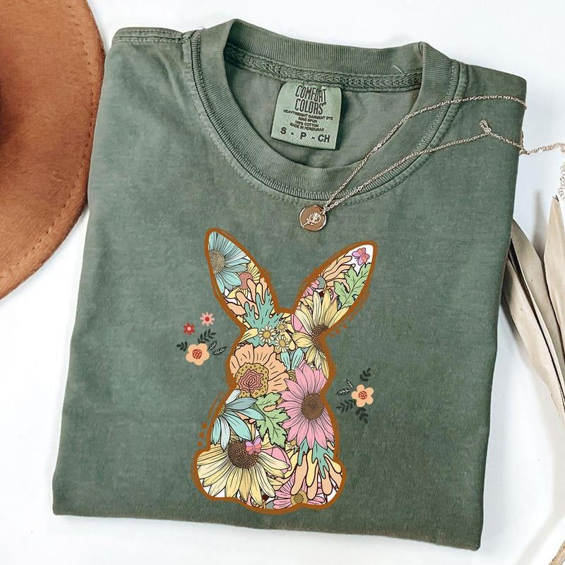 Comfort Colors Floral Bunny Shirt, Trendy Bunny Women's Tee, Spring Floral Bunny Tee, Retro Easter T-shirt, Gift For Her,...