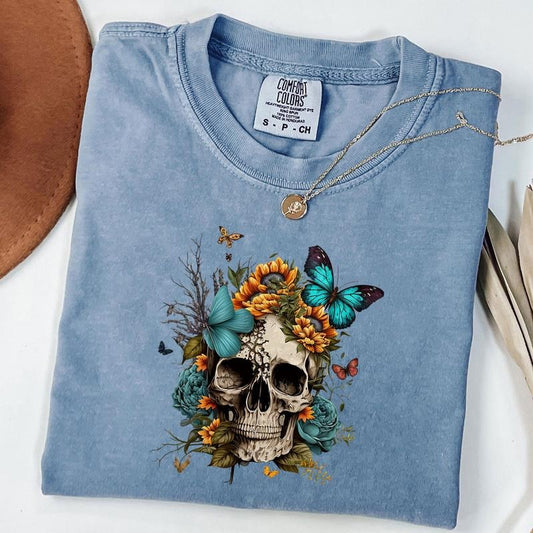 Comfort Colors Floral Skull Shirt, Flower Skull TShirt, Gobblincore Boho Graphic Tee, Bloom Skull Fall Halloween Shirt, Gift For Her
