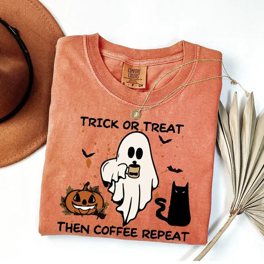 Comfort Colors Halloween Trick or Treat Shirt, Halloween Coffee Lover Shirt, Halloween Party Shirt, Fall Graphic Tee, Cute Spooky Season