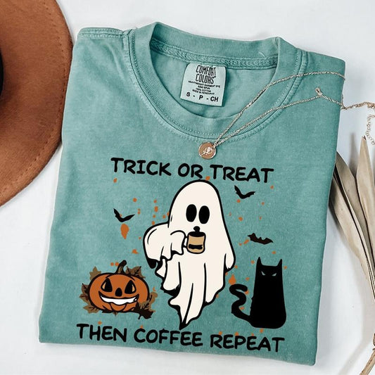 Comfort Colors Halloween Trick or Treat Shirt, Halloween Coffee Lover Shirt, Halloween Party Shirt, Fall Graphic Tee, Cute Spooky Seasonstyle{n002}2
