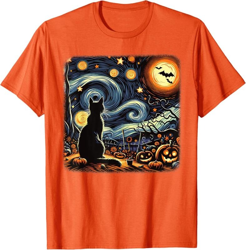 Comfort Colors Halloween Van Gogh Starry Night Black Cat Pumpkins Bats T-Shirt Hoodie, Sweatshirt | PureTeeCo.com