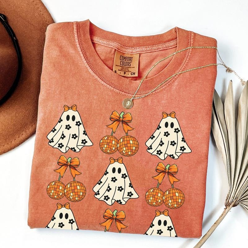 Comfort Colors Halloween Сute Ghost Coquette Disco Cherry Shirt, Spooky Season Shirt, Halloween Women T Shirt, Halloween...
