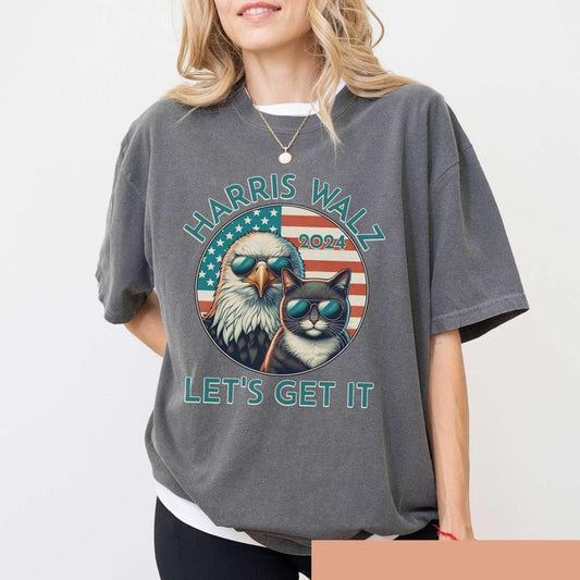 Comfort Colors Harris Walz Get it Done Shirt, 2024 Presidential Election Tshirt Eagle Cat Graphic Patriotic Tee Political Rally Liberal Top