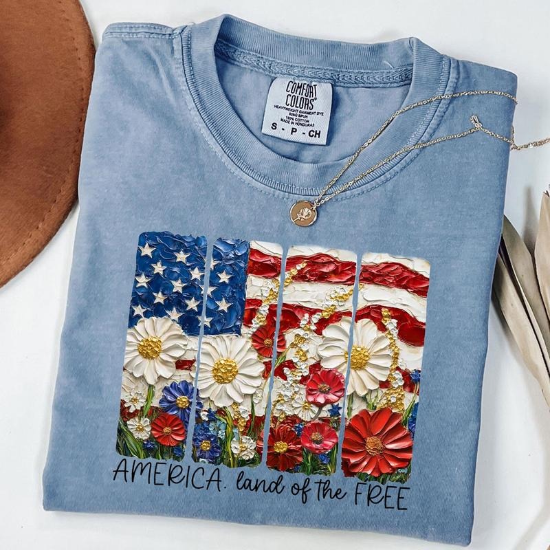 Comfort Colors Land of the Free Shirt, Floral America Brushstroke Shirt, 4th of July Shirt, Patriotic, Memorial Day,...