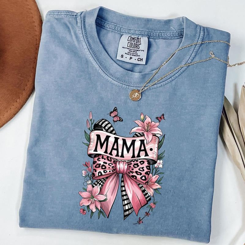 Comfort Colors Mama Leopard Coquette Bow Shirt, Pink Leopard Mama T-Shirt, Floral Mama Tee Hoodie, Sweatshirt | PureTeeCo.com