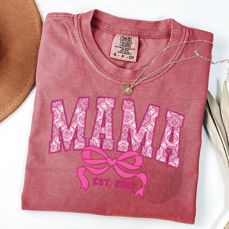 Comfort Colors Mama Pink Floral Shirt, Mama Varsity Shirt, Pink Mama Est 2025 Coquette T-Shirt, Gift for Mom Hoodie,...