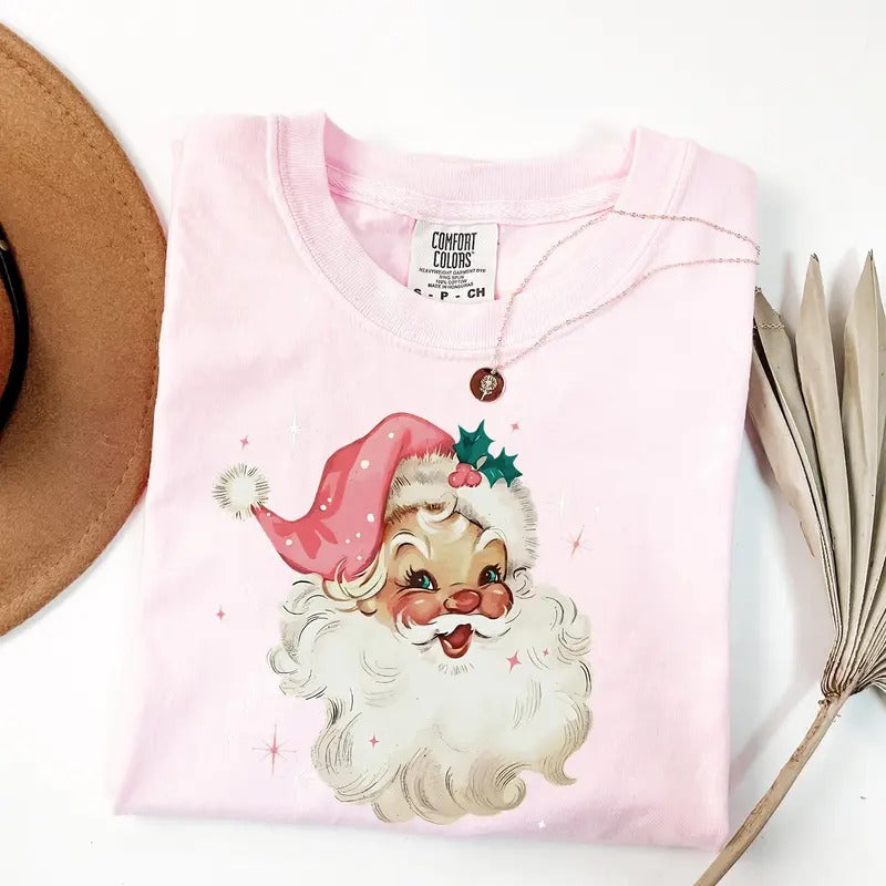 Comfort Colors Pink Santa Shirt, Pink Christmas Tee, Christmas Party Shirt Hoodie, Sweatshirt | PureTeeCo.com