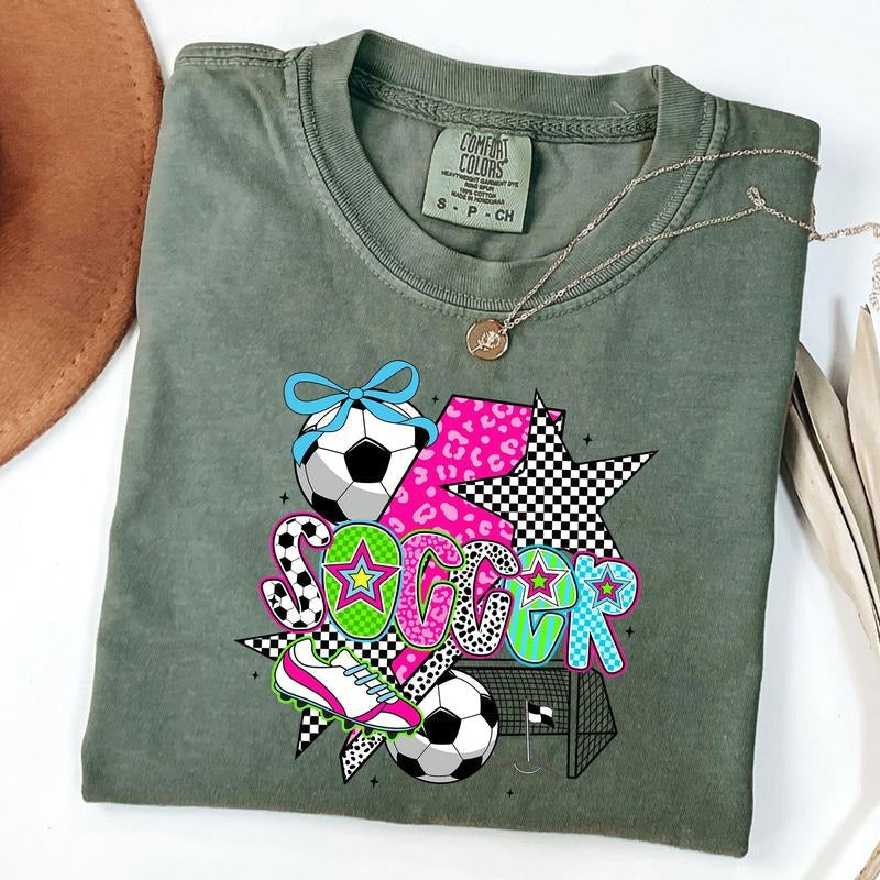 Comfort Colors Preppy Soccer Shirt, Soccer Coquette Shirt, Game Day Shirt, Checkered Soccer T-Shirt, Unisex T-Shirt...