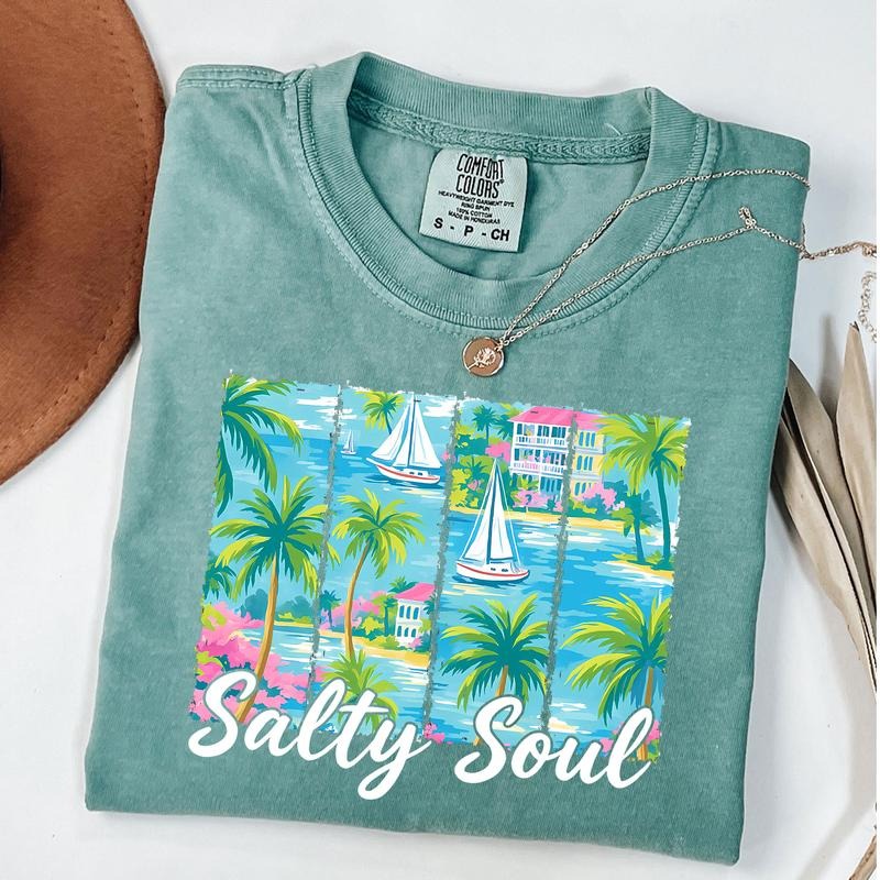 Comfort Colors Preppy Summer Salty Soul T-Shirt, Beach vibes Tee, Trendy Summer Shirt Hoodie, Sweatshirt | PureTeeCo.com