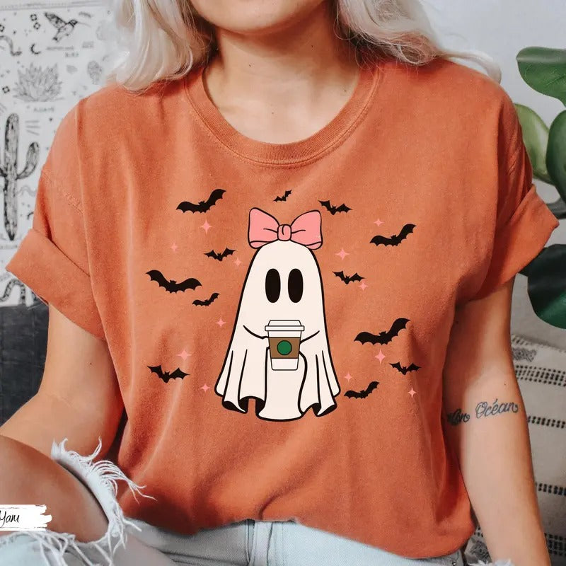 Comfort Colors Pumpkin Spice Ghost Shirt, Halloween Ghost Shirt, Cute Fall Shirt, Spooky Season Gift, Halloween Bow Shirt...