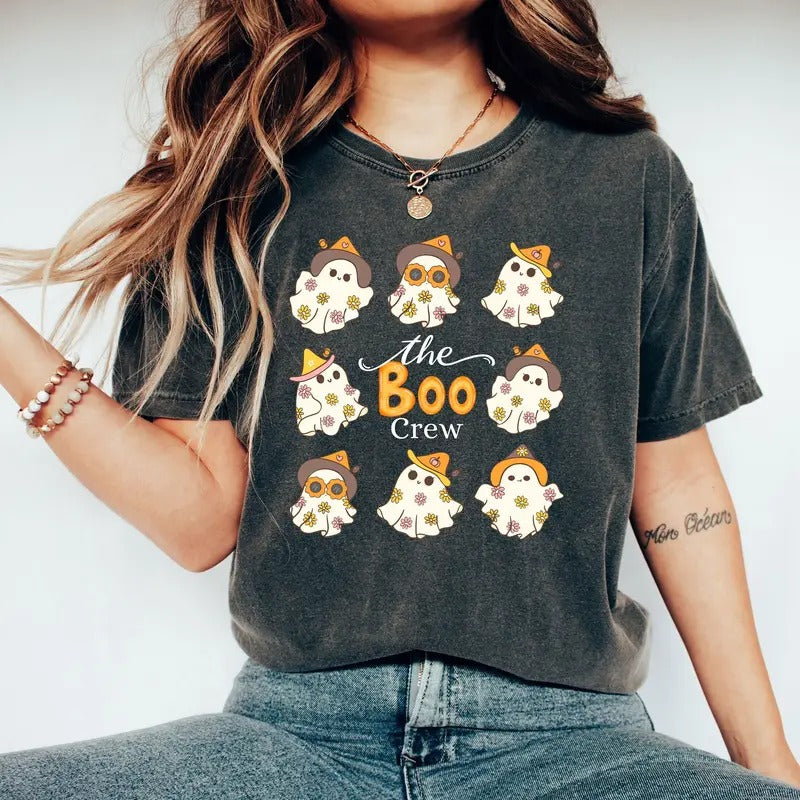 Comfort Colors Retro Boo The Crew Halloween Shirt, Vintage Cute Ghost Halloween Shirt, Retro Halloween Vibes Fall Shirt,...