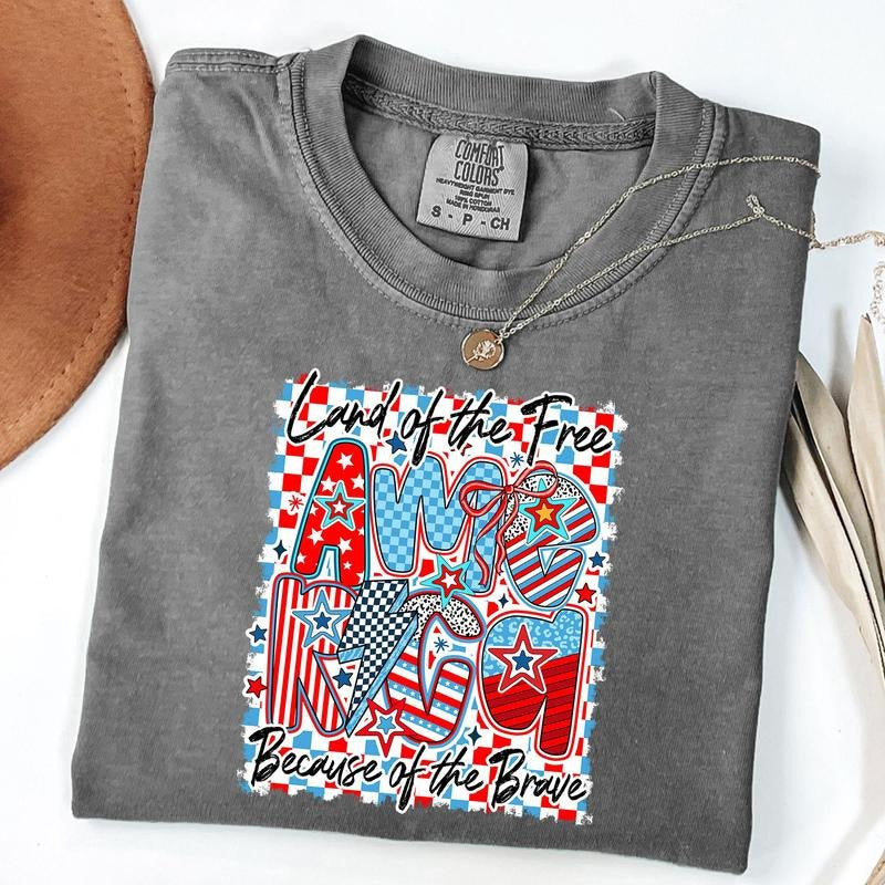 Comfort Colors Retro Checkered America Shirt, 4th of July T-Shirt, Coquette USA T-Shirt, Patriotic Shirt, Unisex T-Shirt...