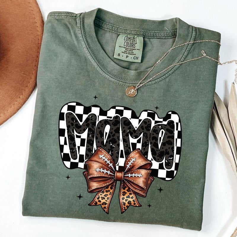 Comfort Colors Retro Football Mama Shirt, Football Coquette Shirt, Game Day Football Bow T-shirt, Checkered Mama Tee,...