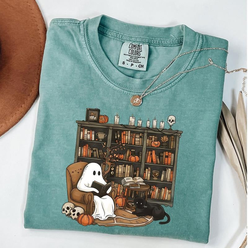 Comfort Colors Retro Ghost Reading Books Shirt, Librarian Ghost Halloween, Halloween Teacher T-Shirt, Halloween Shirt,...