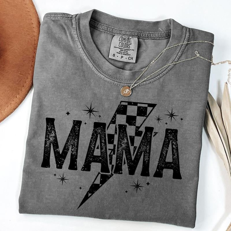 Comfort Colors Retro Mama Lightning Bold Shirt, Checkered Mama Shirt, Vintage Mama T-Shirt, Checkered Lightning Bold Tee,...