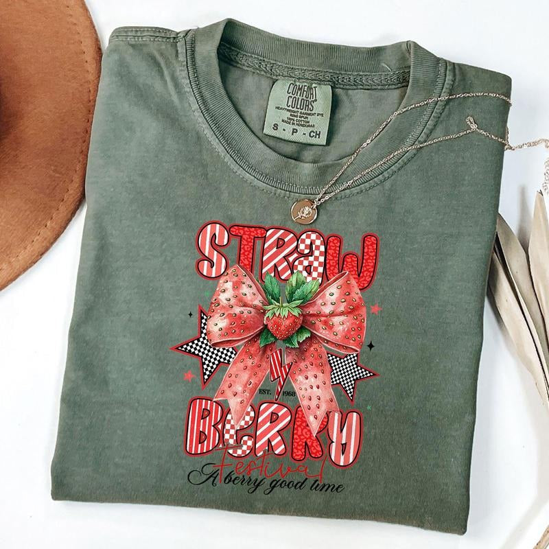 Comfort Colors Retro Strawberry Festival Shirt, Cute Strawberry Bow Shirt, Summer Vibese T-Shirt, Unisex T-Shirt Hoodie,...
