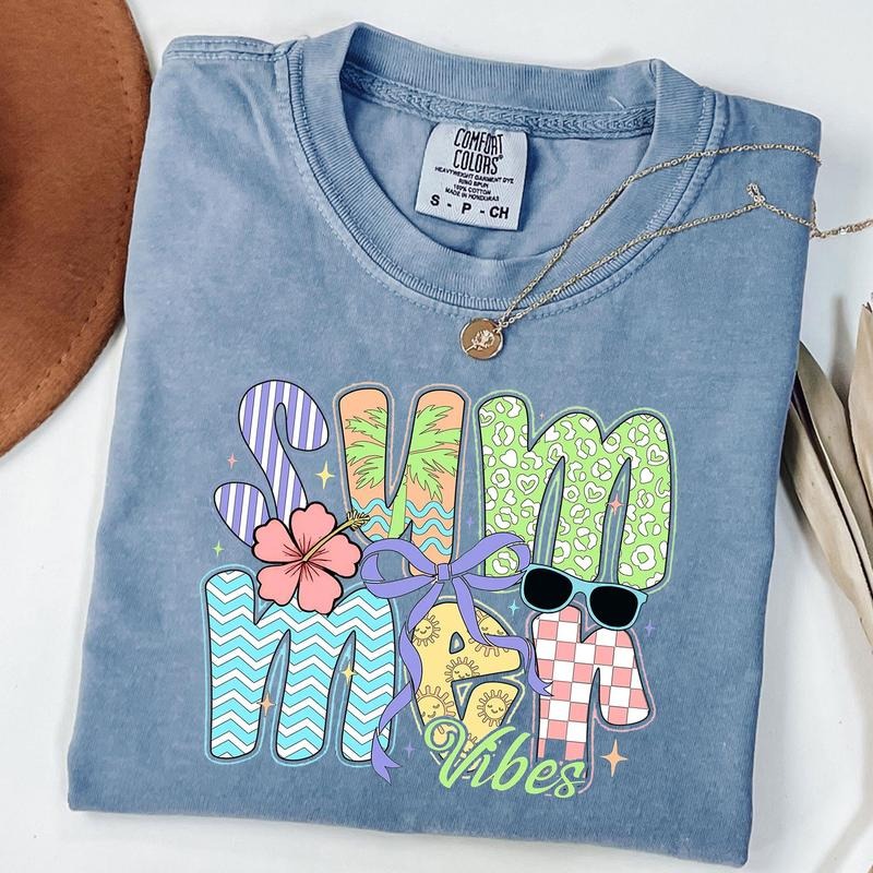 Comfort Colors Summer Vibes Tee, Retro Beach Shirt, Trendy Bow Summer T-Shirt Hoodie, Sweatshirt | PureTeeCo.com