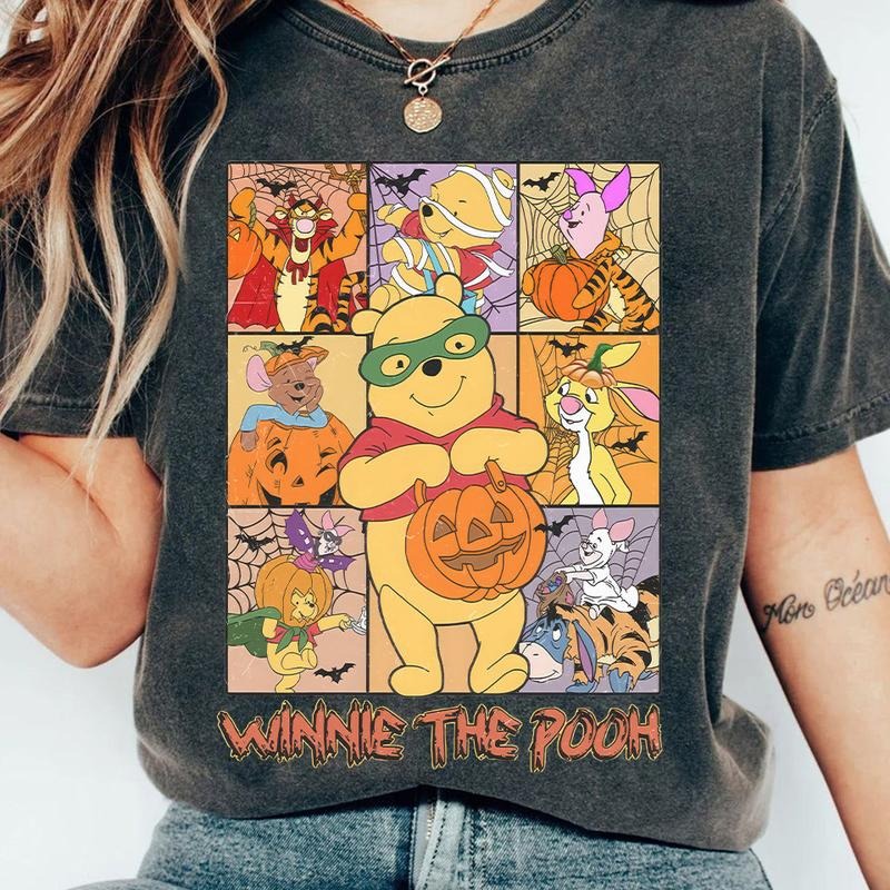Comfort Colors Vintage Pooh Friends Costume Skeleton In Pumpkin Shirt, Pooh Halloween Shirt Hoodie, Sweatshirt