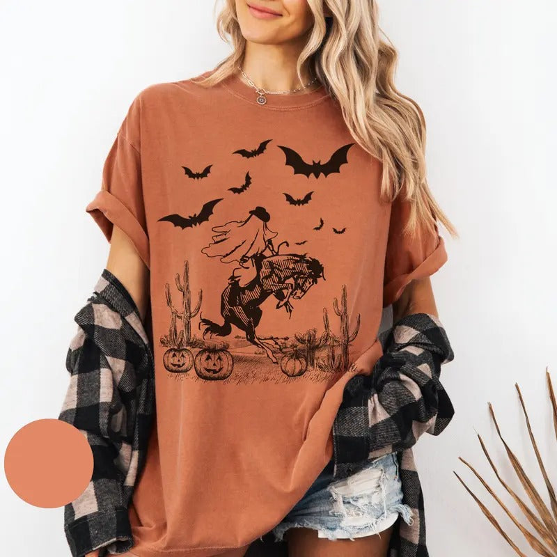 Comfort Colors Western Ghost Shirt, Halloween Party Tee Bats T-shirt, Spooky Season Shirt, Vintage Halloween Tee Hoodie,...