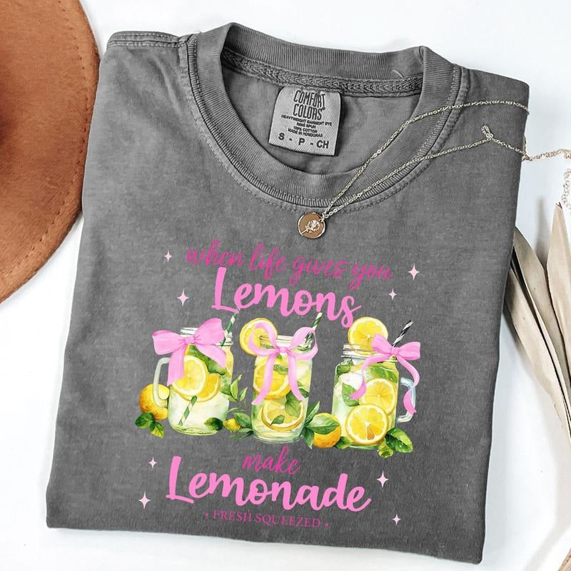 Comfort Colors When Life Gives You Lemons Make Lemonade Tee, Retro Fancy Lemon Shirt, Coquette Bow Summer Vibes T-Shirt,...