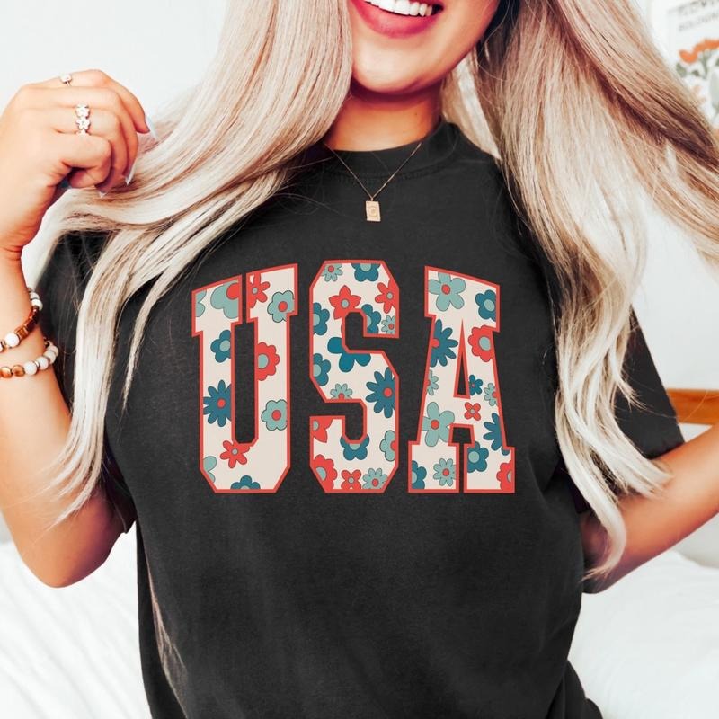 Comfort colors USA flower short sleeve casual cotton graphic tshirt Hoodie, Sweatshirt | PureTeeCo.com