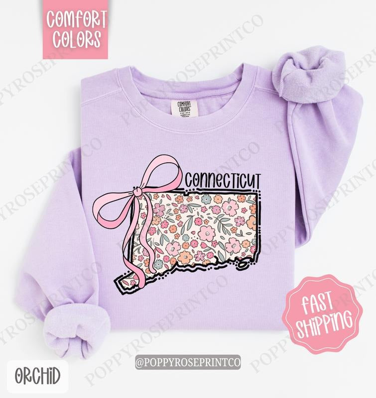 Connecticut Floral Comfort Colors Sweatshirt, Connecticut Sweatshirt, Cute Bow Connecticut Sweatshirt T-Shirts, Hoodie