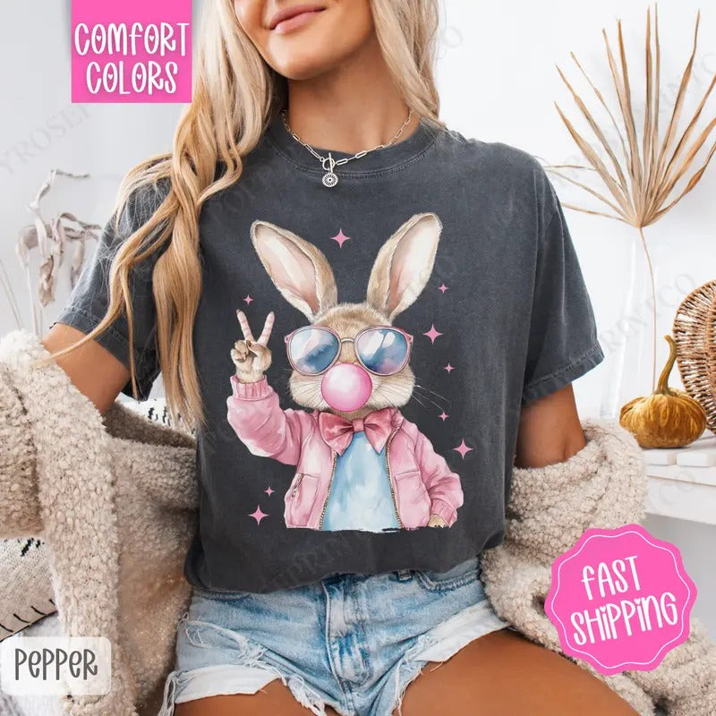 Cool Bunny Shirt Comfort Colors, Easter Tshirt, Trendy Bunny Women's Tee, Gift for Her Hoodie, Sweatshirt | PureTeeCo.com