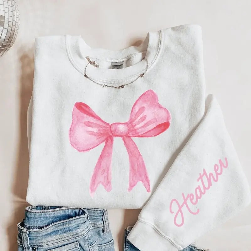 Coquette Aesthetic Pink Bow Valentine's Day Sweatshirt, Personalized Trendy Crewneck for Women, Chic Custom Gift for Her...