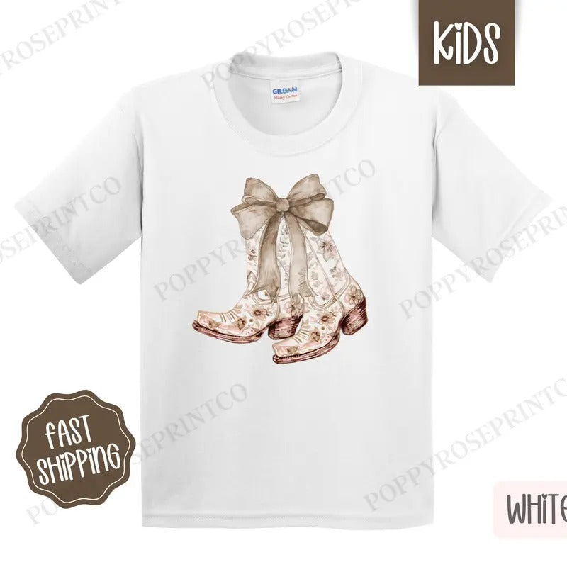 Coquette Beige Cowgirl Boots Kids Shirt - Children's Tshirt - Cute Youth Tee Gildan Hoodie, Sweatshirt | PureTeeCo.com