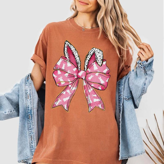 Coquette Bow Easter Shirt, Bunny Ear Spring Tee, Pink Bow Easter Sweatshirt for Women, Cute Easter Bunny Graphic Shirt
