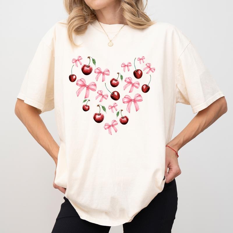 Coquette Bow Shirt Comfort Colors, Cute Cherry Unisex T-Shirt, Cherries Girl Gifts, Girlie Clothing, Fair Season Tee...