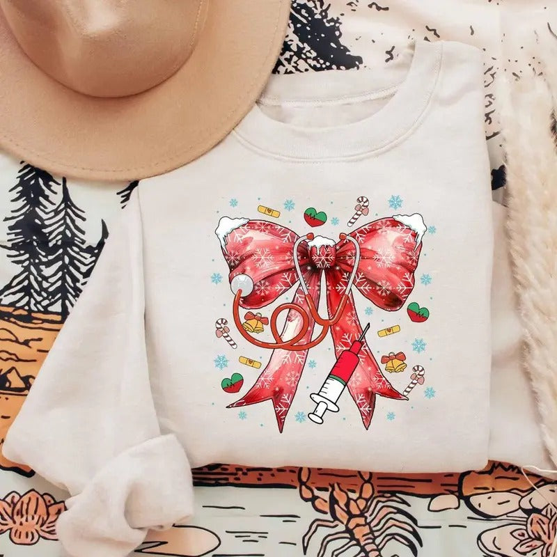 Coquette Bow Stethoscope Nurse Christmas Sweatshirt, Merry Nurse Shirt, Christmas Nurse Shirt, Xmas Gift For Nurse,...