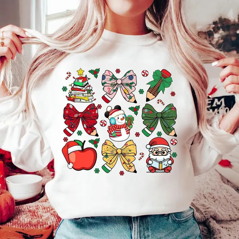 Coquette Bow Teacher Christmas Shirt Coquette Christmas Teacher Shirt Teacher Pencil Shirt Teacher Christmas Gift Teacher...