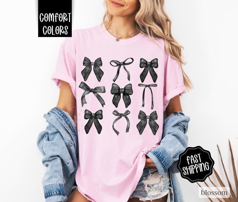 Coquette Bows Comfort Colors Shirt, Black Bow Tshirt, Cute Women's Tee Hoodie, Sweatshirt | PureTeeCo.com