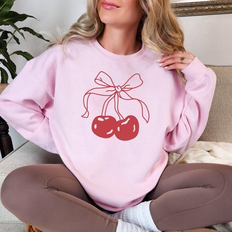 Coquette Cherries With Bow Sweatshirt Coquette Aesthetic Preppy Crewneck Coquette Girl Trendy Sweatshirt Coquette...