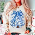 Coquette Chinoiserie Christmas Tree Sweatshirt, Coquette Blue Christmas Shirt, Christmas Toile Sweater, Blue Floral Bow...