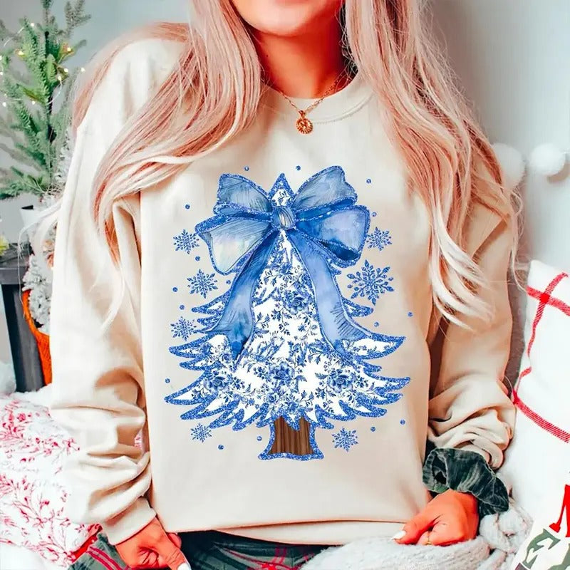 Coquette Chinoiserie Christmas Tree Sweatshirt, Coquette Blue Christmas Shirt, Christmas Toile Sweater, Blue Floral Bow...