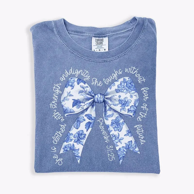 Coquette Christian Comfort Colors Shirt, Blue Toile Bow Bible Verse Shirt, Trendy Christian Apparel Gift for Mom,...