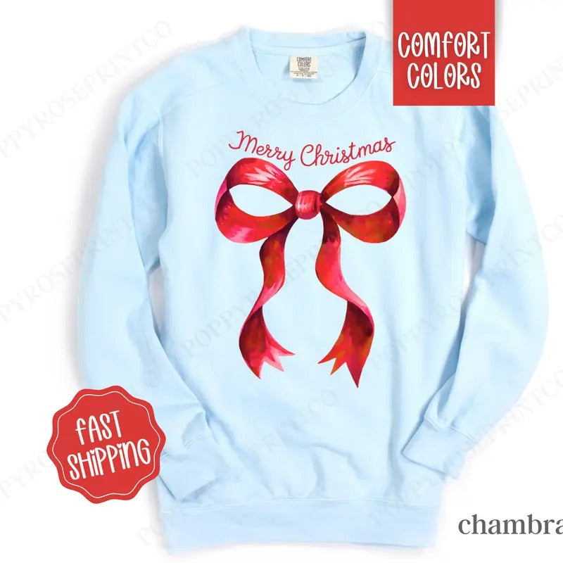 Coquette Christmas Sweatshirt Comfort Colors, Preppy Merry Christmas Sweater,  Womens Holiday Crewneck T-Shirts, Hoodie