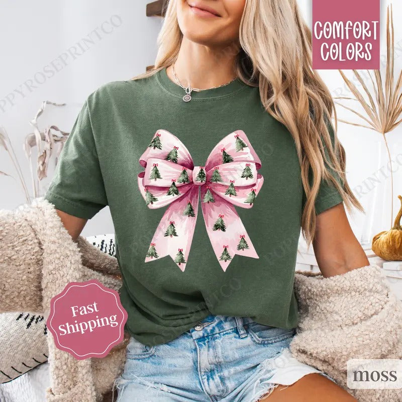 Coquette Christmas Tree Shirt, Christmas Tree Bow Tee,  Women's Holiday Tshirt Hoodie, Sweatshirt | PureTeeCo.com