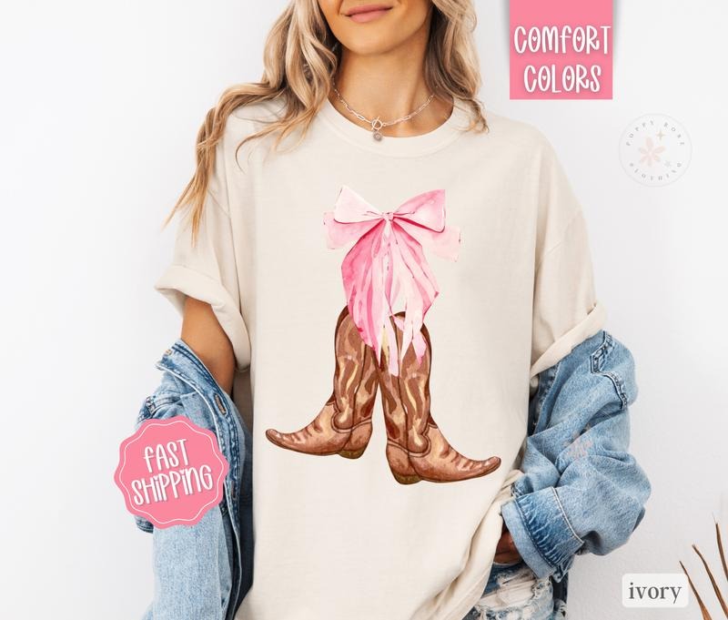 Coquette Cowgirl Boot Shirt Comfort Colors, Cowgirl Tee, Country Music Tshirt, Bow Tshirt, Women's Graphic Tee Hoodie,...