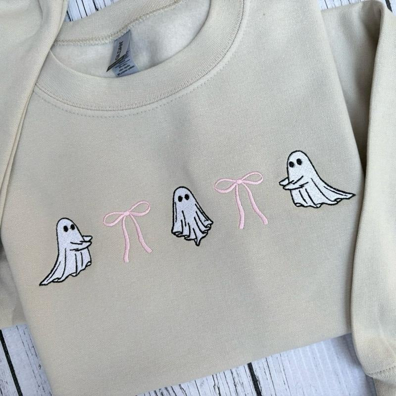 Coquette Ghost Embroidered Crewneck Sweatshirt Bows Pinkstyle{n002}2 T-Shirts, Hoodie | PureTeeCo.com