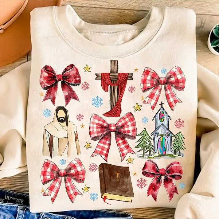 Coquette Jesus Christmas T-Shirt, Baby Jesus True Story Sweatshirt, Nativity Scene Oh Holy Night Bible Verse Clothing,...